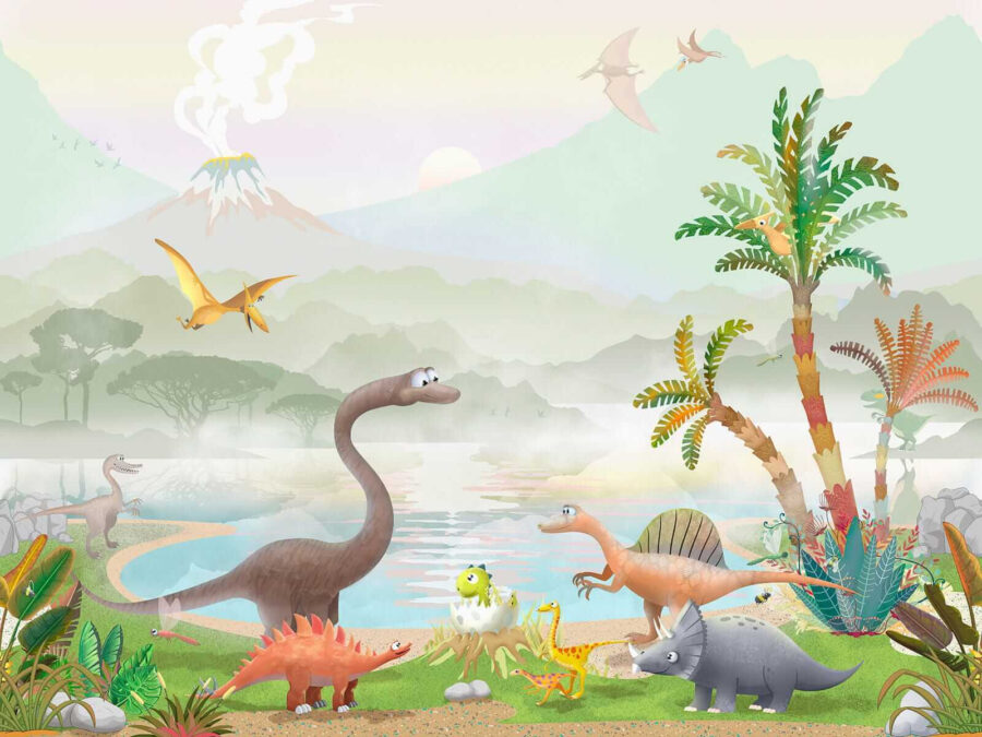 Grupo de dinosaurios cerca de un lago