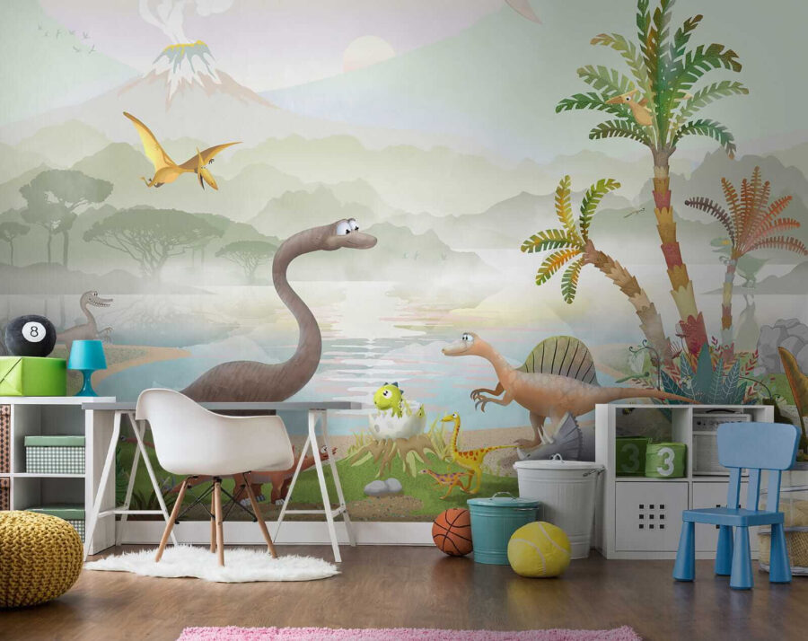Grupo de dinosaurios cerca de un lago