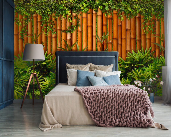 Valla de bambú con plantas Valla de bambú con plantas