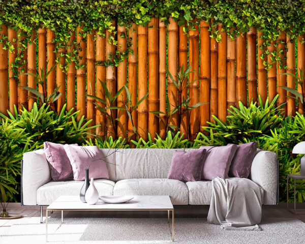 Valla de bambú con plantas Valla de bambú con plantas
