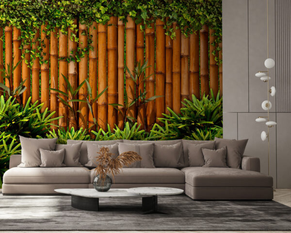 Valla de bambú con plantas Valla de bambú con plantas