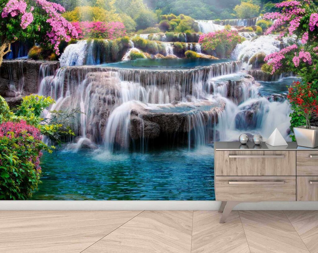 Waterfall with flowers and trees
