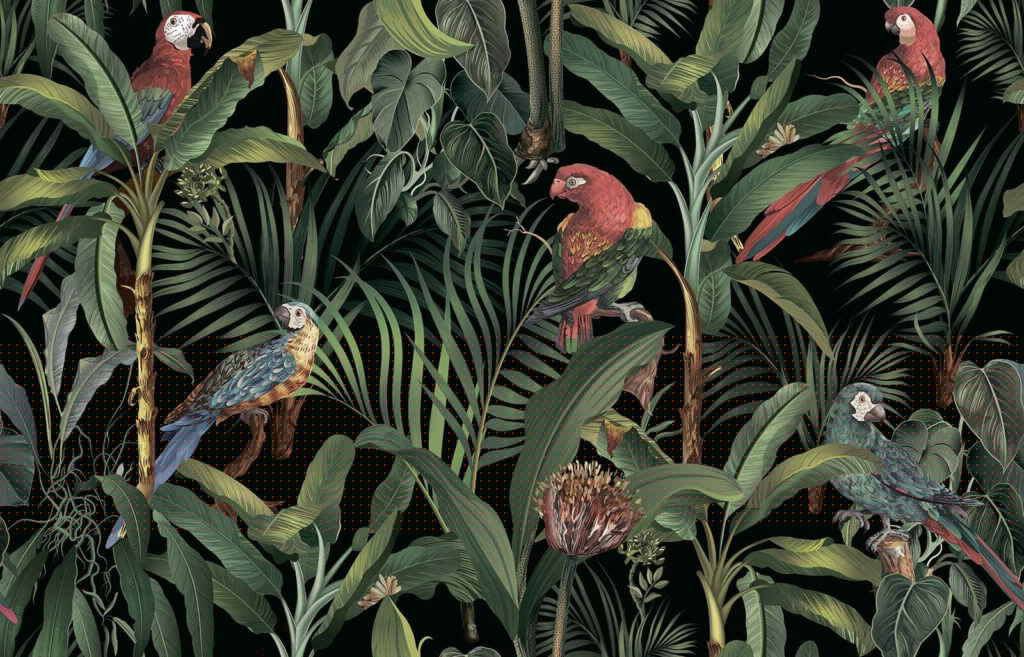 Papel pintado con pájaros y plantas Papel pintado con pájaros y plantas