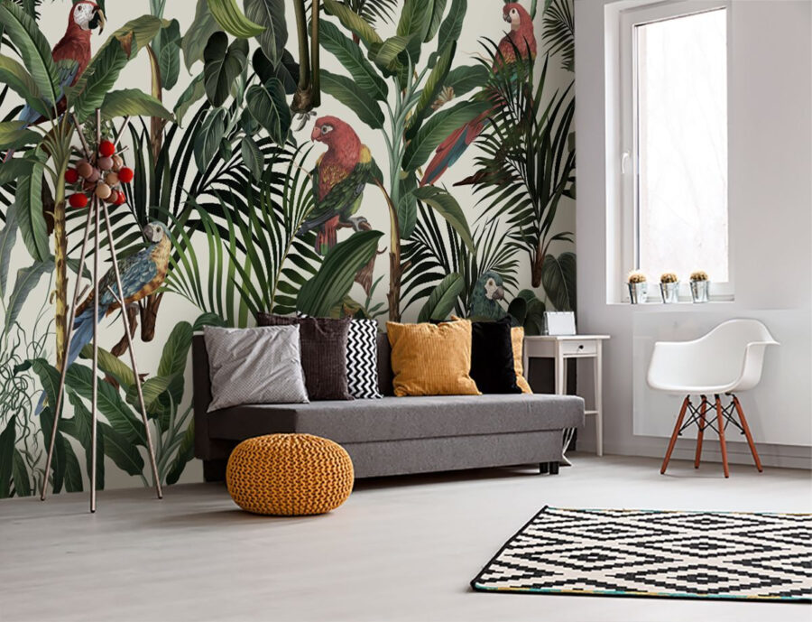 Papel pintado con pájaros y plantas Papel pintado con pájaros y plantas