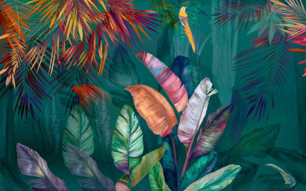 Coloridas hojas y pájaros tropicales Coloridas hojas y pájaros tropicales