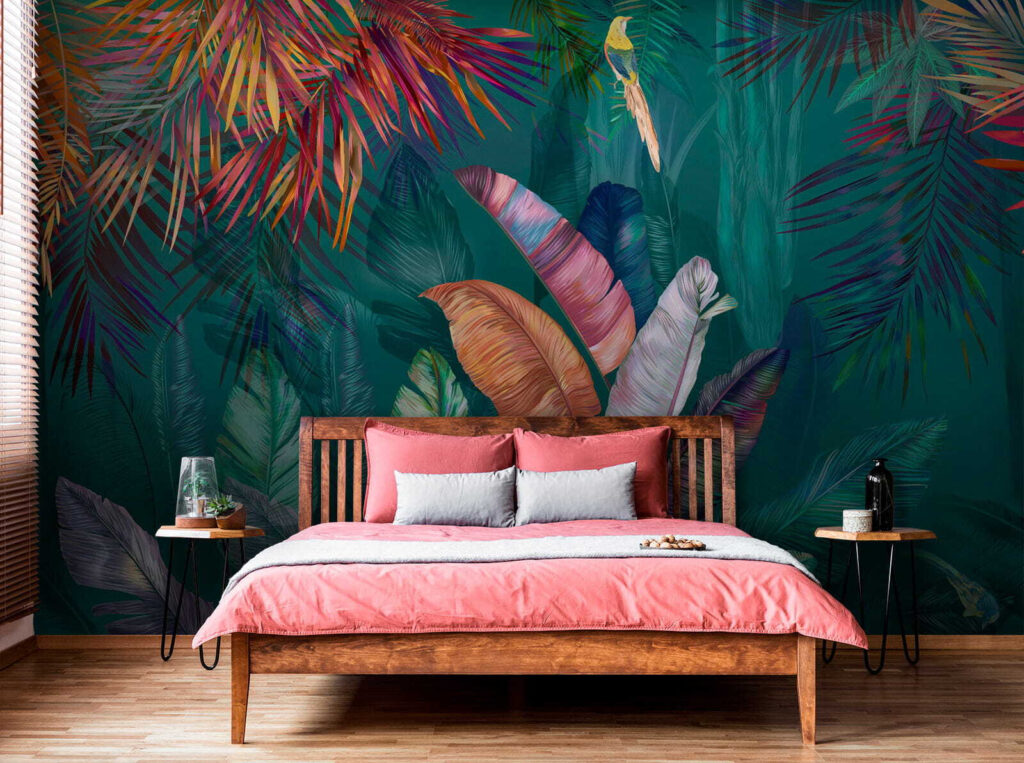 Colorful tropical leaves and birds