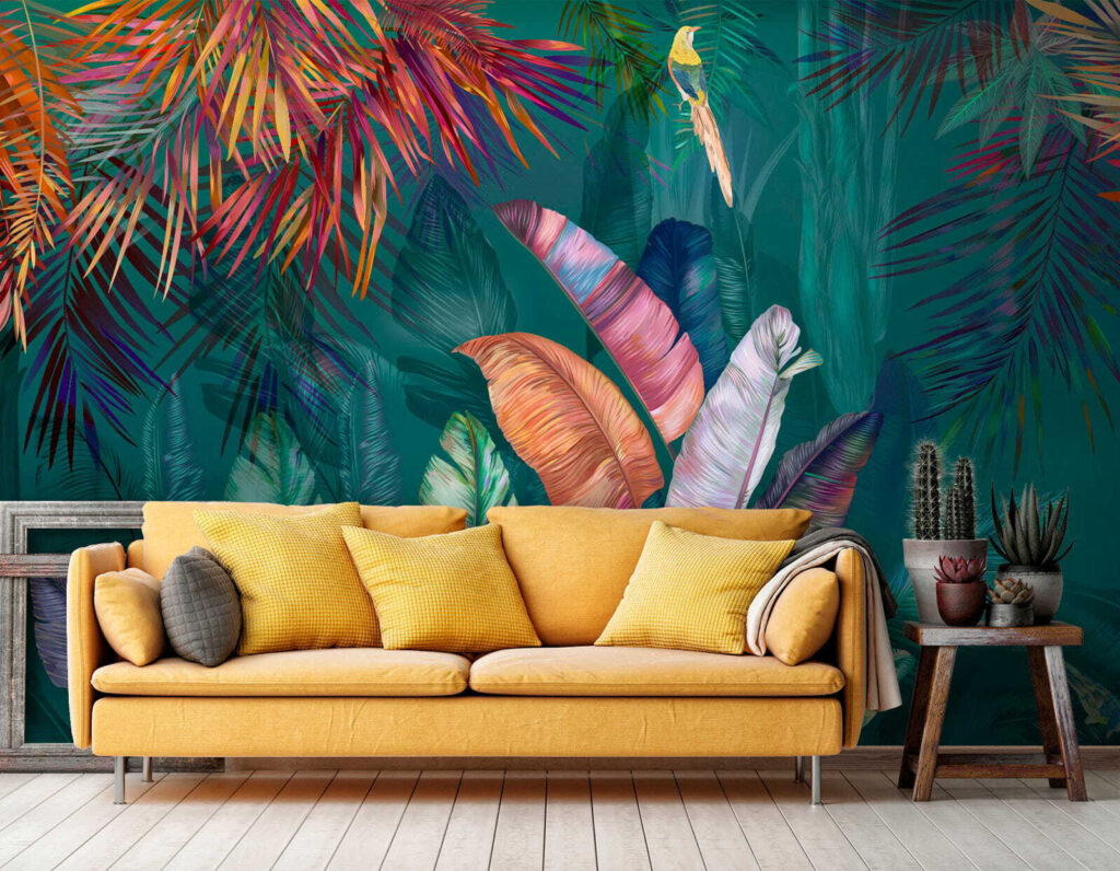 Colorful tropical leaves and birds