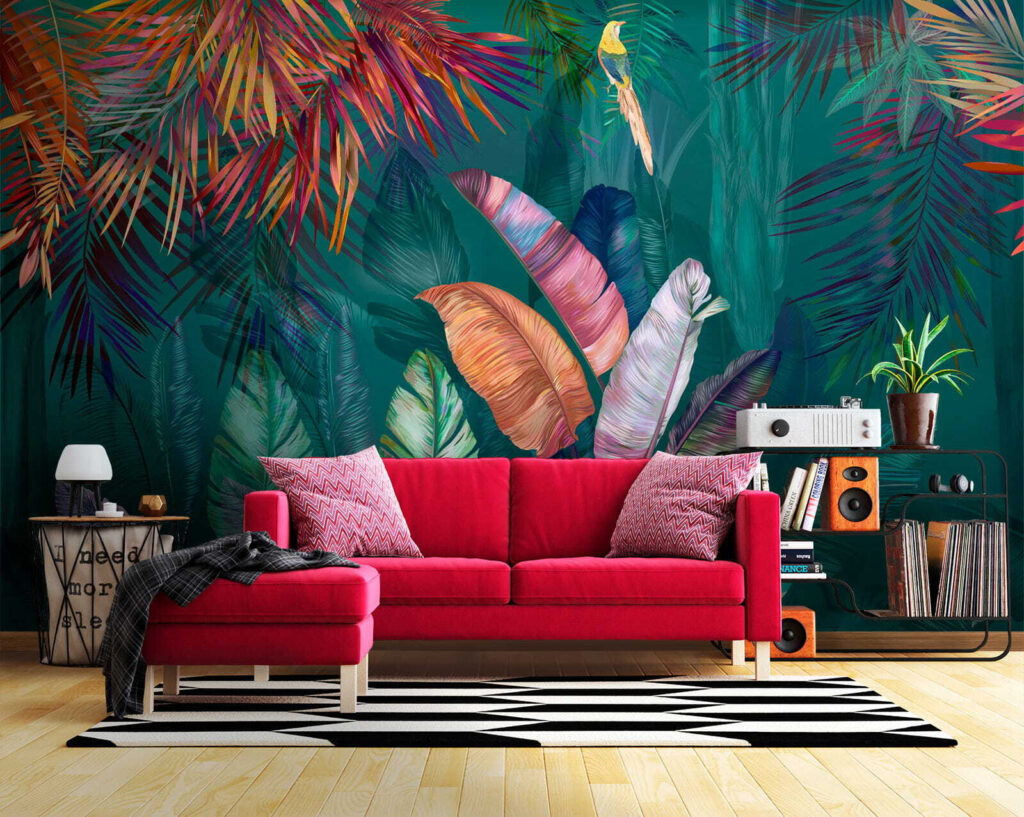Colorful tropical leaves and birds