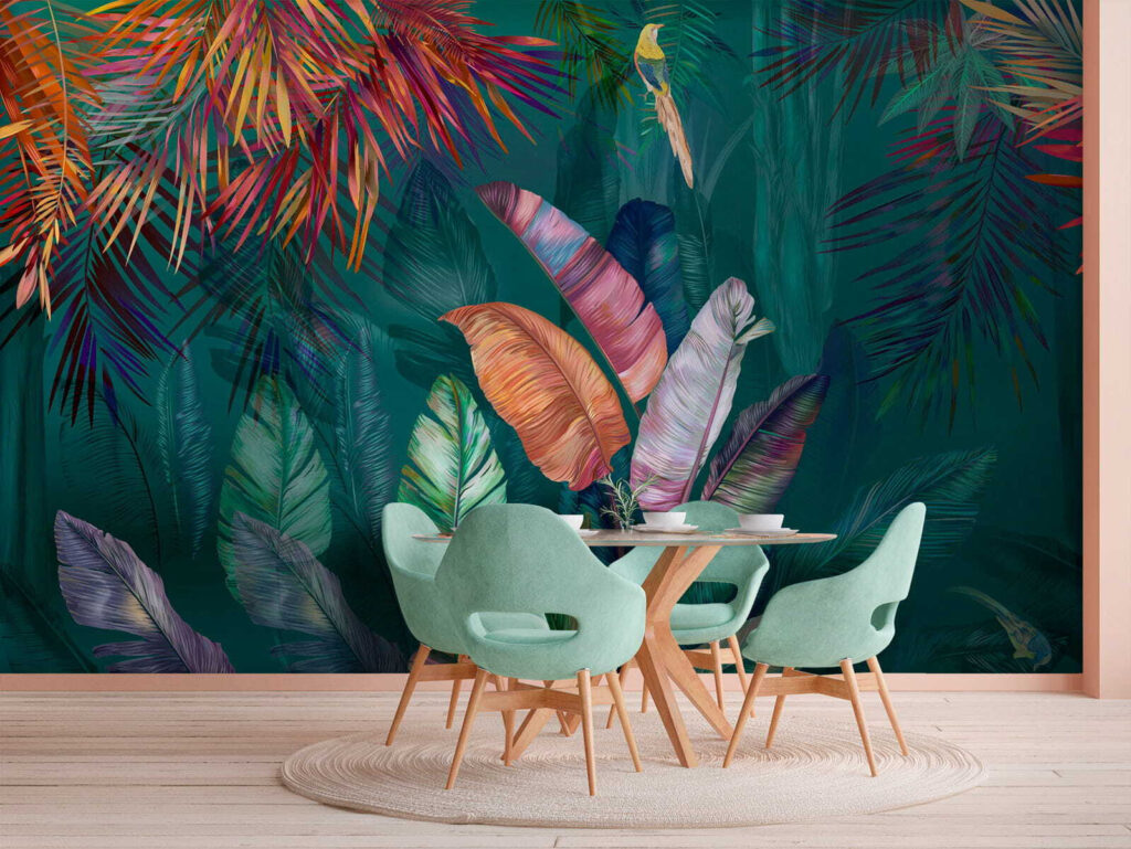 Colorful tropical leaves and birds