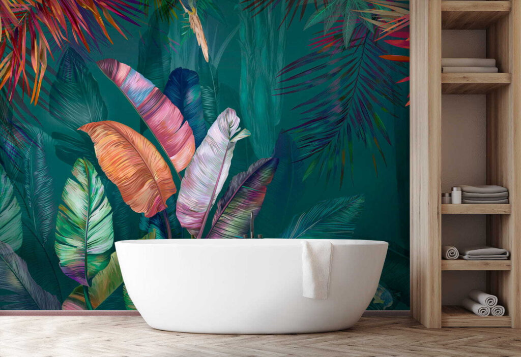 Colorful tropical leaves and birds