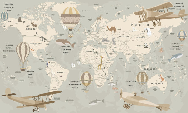 Mapa del mundo con aviones y animales Mapa del mundo con aviones y animales