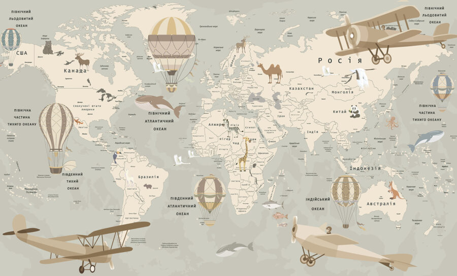 Mapa del mundo con aviones y animales