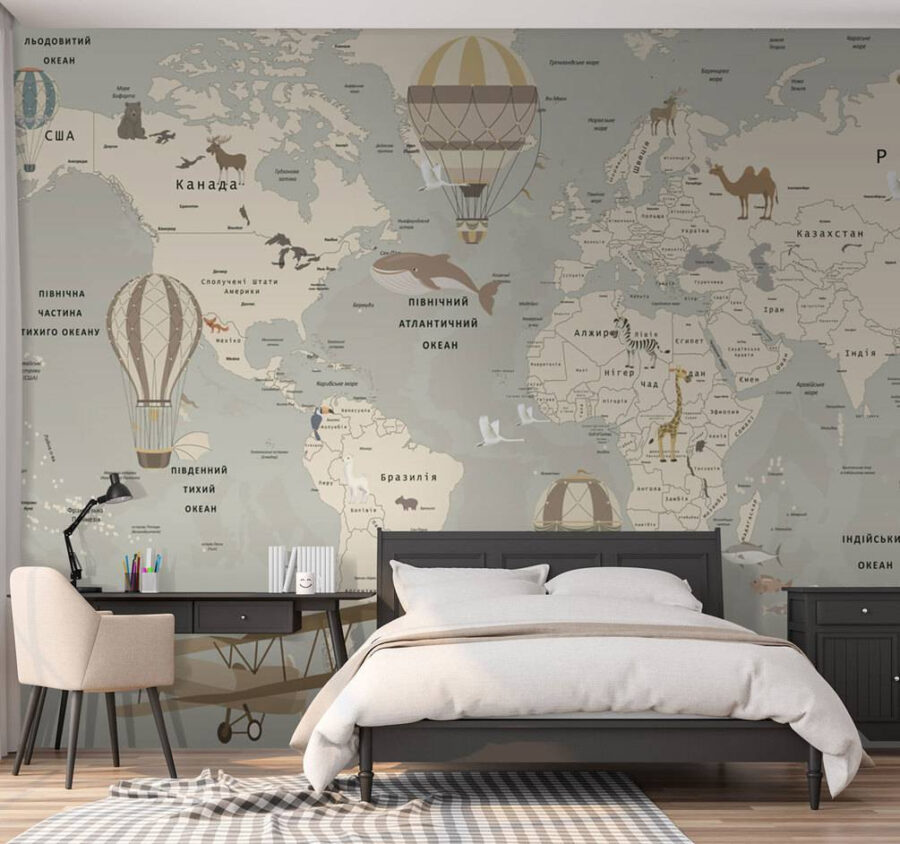 Mapa del mundo con aviones y animales Mapa del mundo con aviones y animales