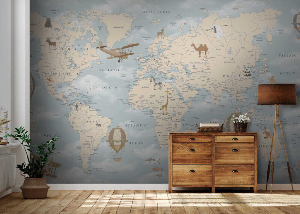 Mapa del mundo con diferentes animales y aves u60135pih1 1024x732 - Mapa del mundo con diferentes animales y aves