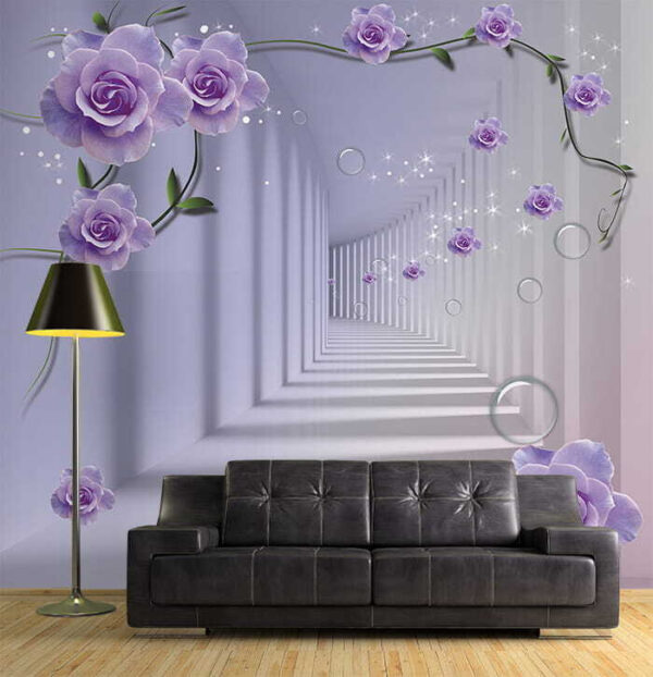 Wallpaper with purple roses and a staircase