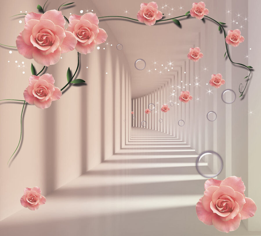 Papel pintado con rosas rosas y escaleras blancas