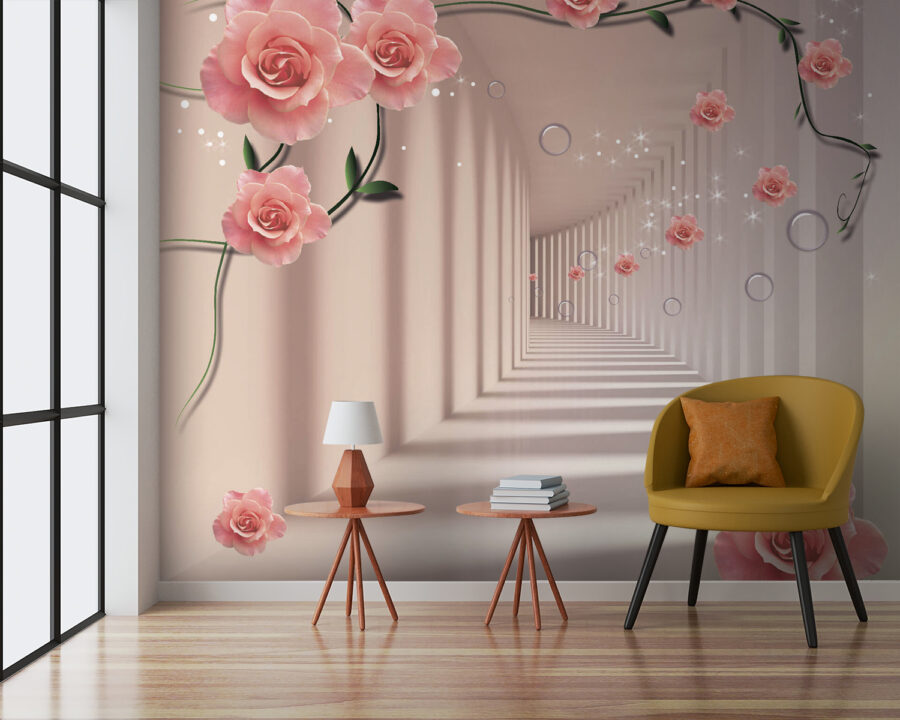 Papel pintado con rosas rosas y escaleras blancas