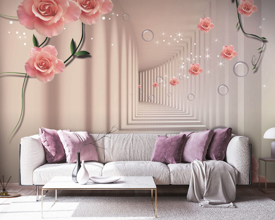 Papel pintado con rosas rosas y escaleras blancas