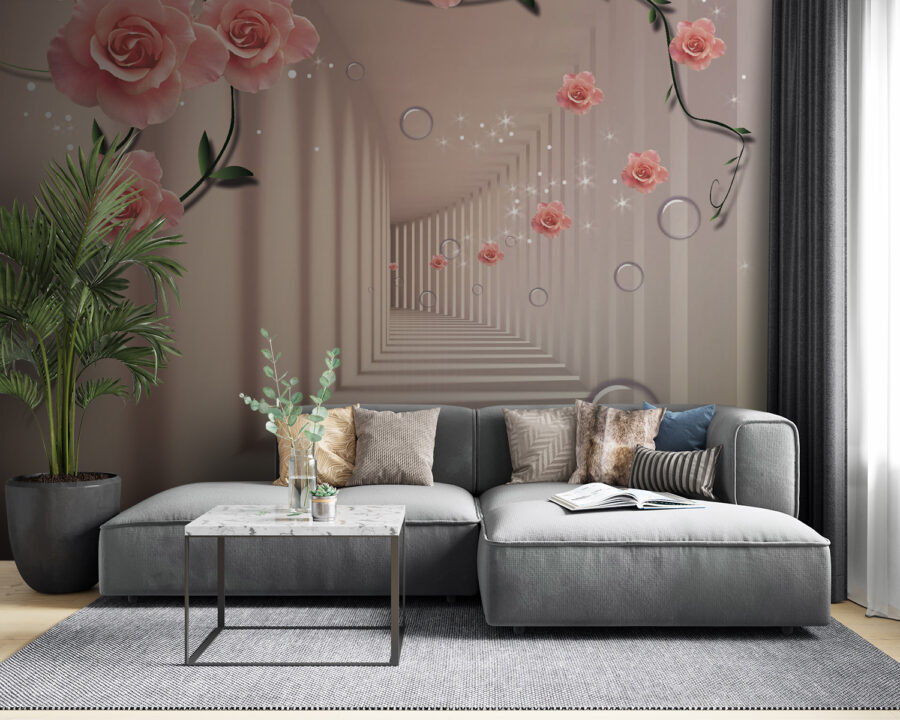 Papel pintado con rosas rosas y escaleras blancas