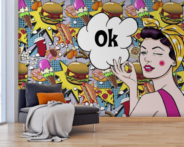 Fotomurales Fotomurales Mujer sosteniendo una burbuja con comida (SKU: u60254)