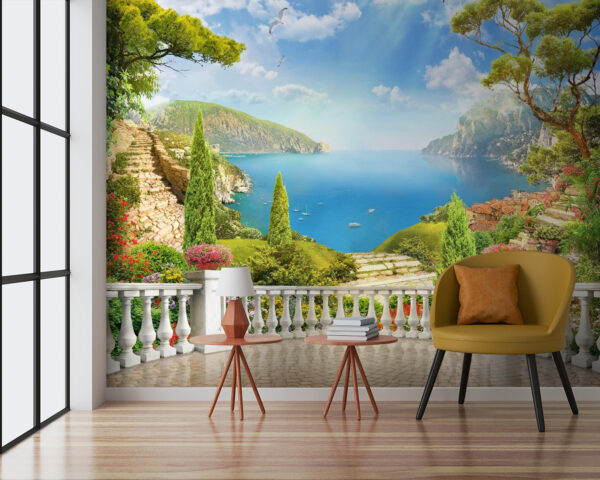 Balcony with a view of a lake and trees