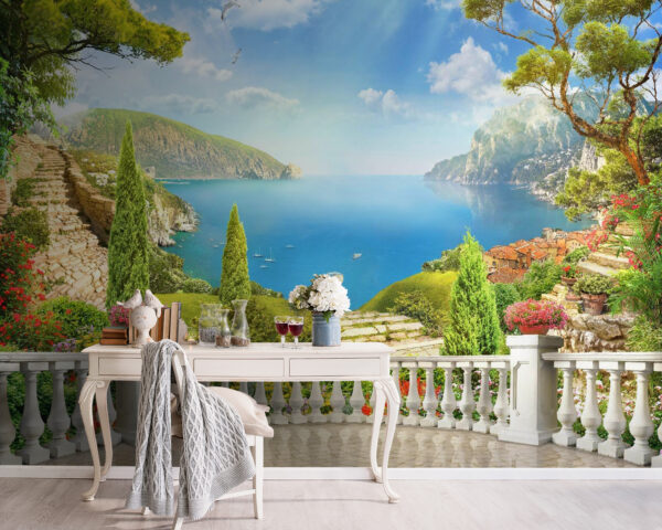 Balcony with a view of a lake and trees