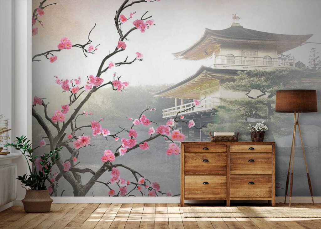 Tree with pink flowers and a building in the background