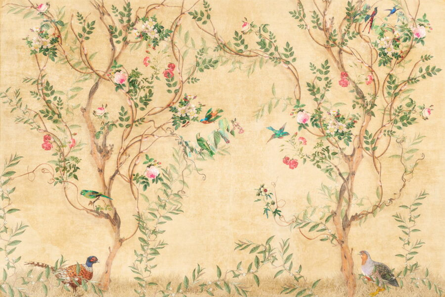 Papel pintado con pájaros y flores