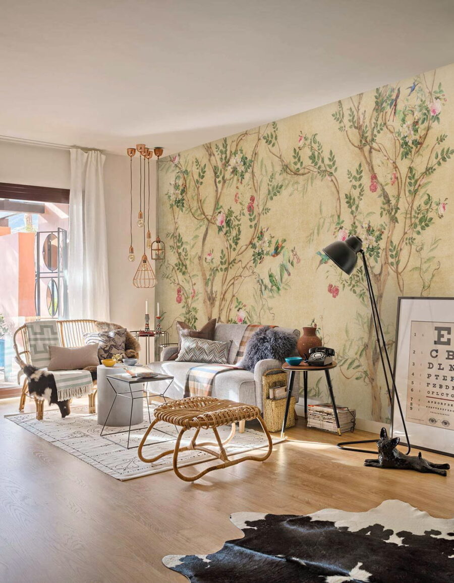 Papel pintado con pájaros y flores