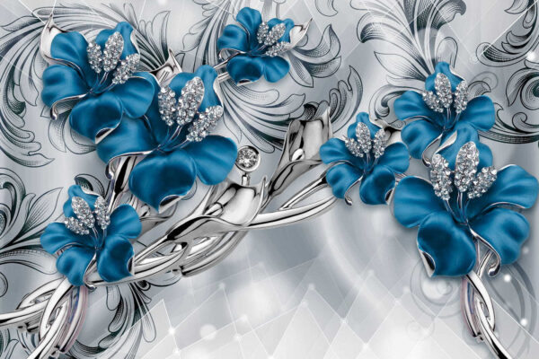Silver and blue flowers on a silver and black background Silver and blue flowers on a silver and black background