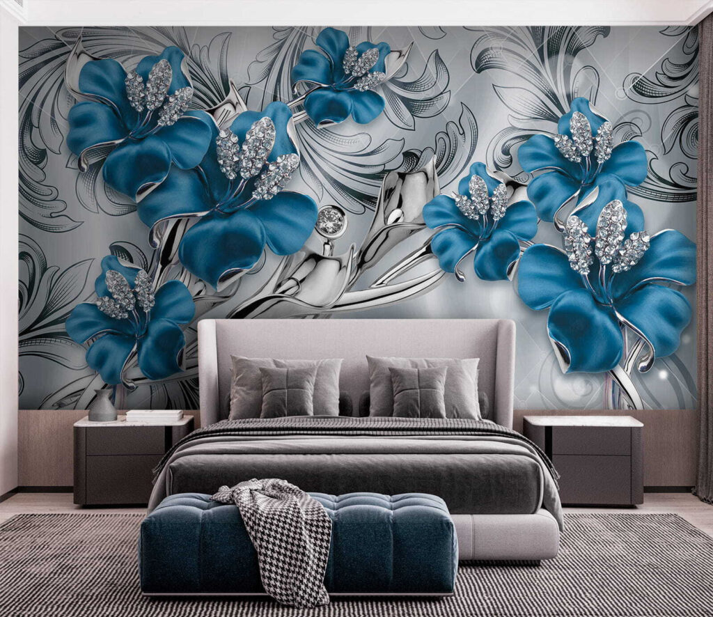 Silver and blue flowers on a silver and black background Silver and blue flowers on a silver and black background