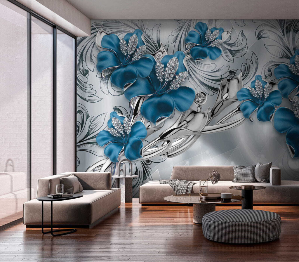 Silver and blue flowers on a silver and black background Silver and blue flowers on a silver and black background