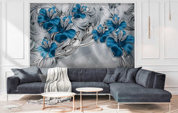 Silver and blue flowers on a silver and black background Silver and blue flowers on a silver and black background