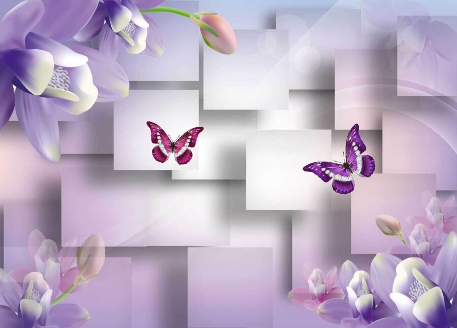 Flores y mariposas moradas y blancas