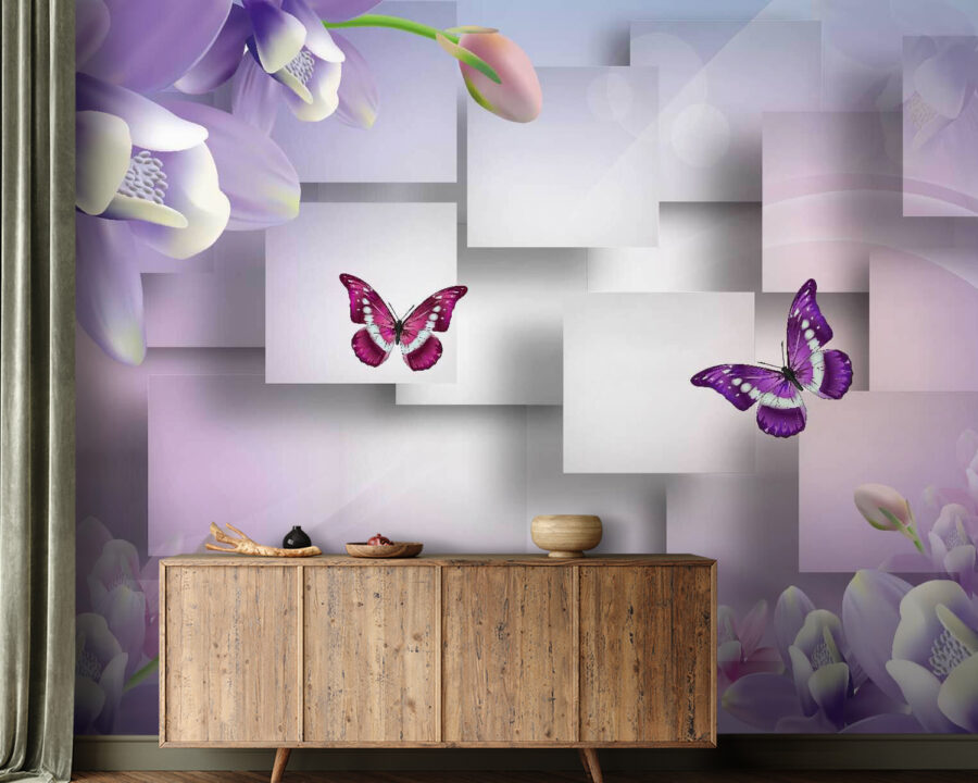 Flores y mariposas moradas y blancas