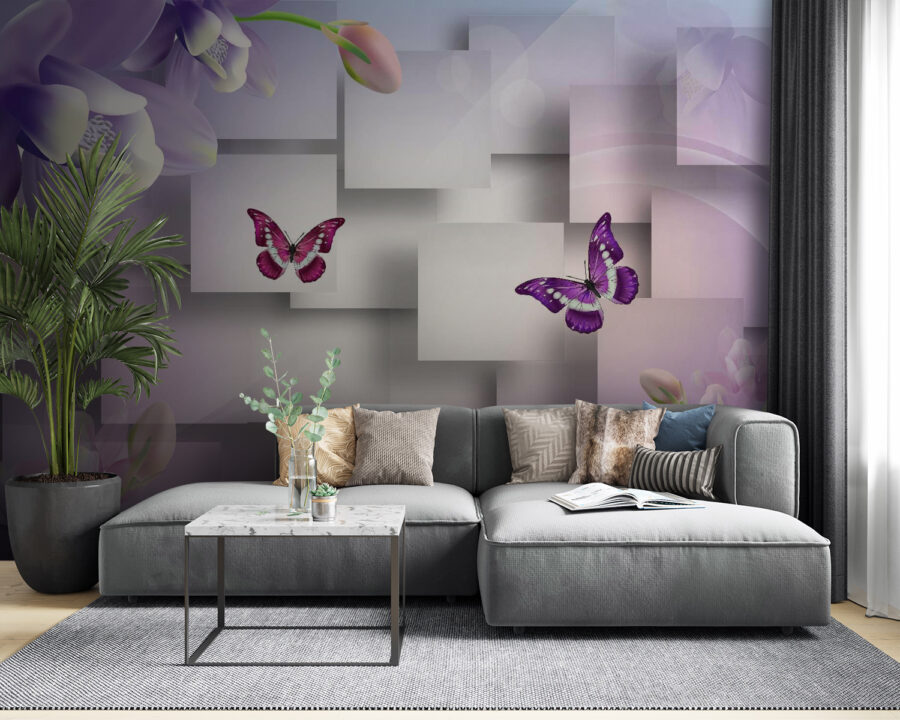 Flores y mariposas moradas y blancas