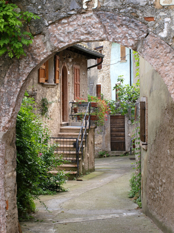 Arco de piedra con plantas y escaleras Arco de piedra con plantas y escaleras
