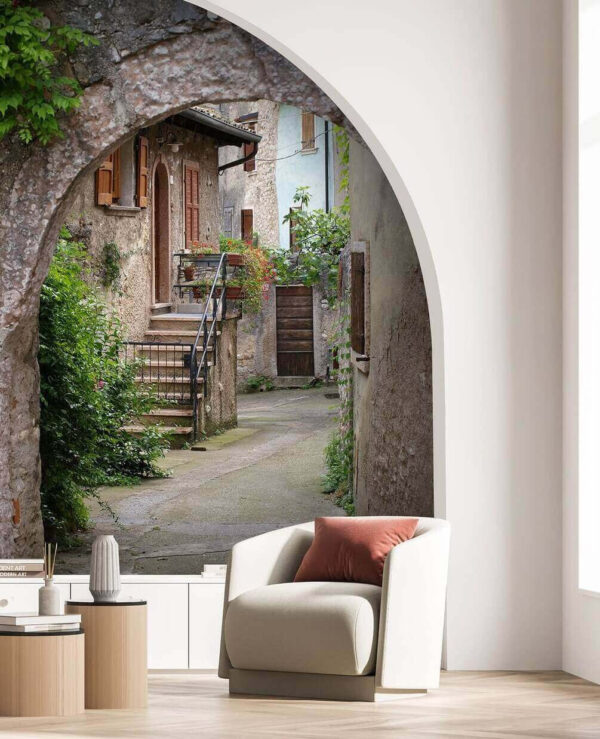 Arco de piedra con plantas y escaleras Arco de piedra con plantas y escaleras