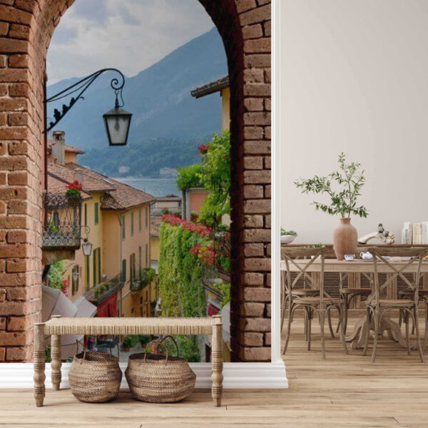 Arco de ladrillo con una farola y una vista de una ciudad Arco de ladrillo con una farola y una vista de una ciudad
