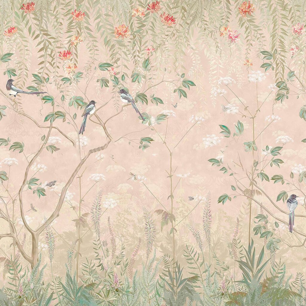 Papel pintado con pájaros sobre árboles y flores Papel pintado con pájaros sobre árboles y flores