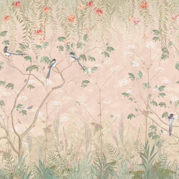 Papel pintado con pájaros sobre árboles y flores Papel pintado con pájaros sobre árboles y flores
