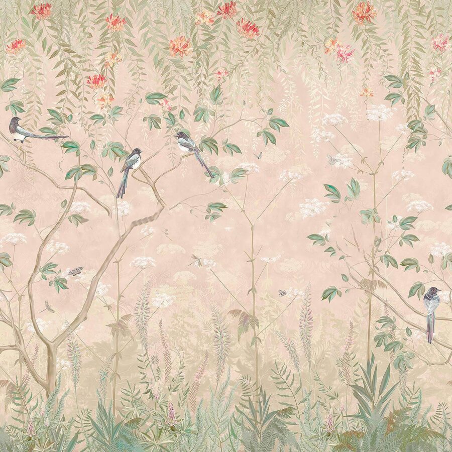 Papel pintado con pájaros sobre árboles y flores