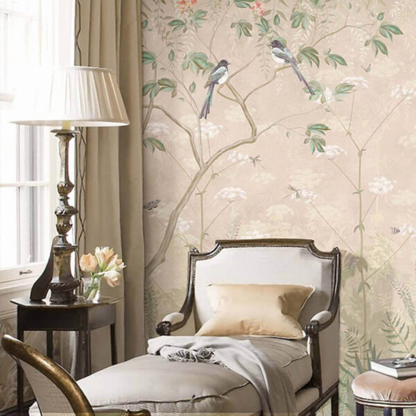 Papel pintado con pájaros sobre árboles y flores Papel pintado con pájaros sobre árboles y flores