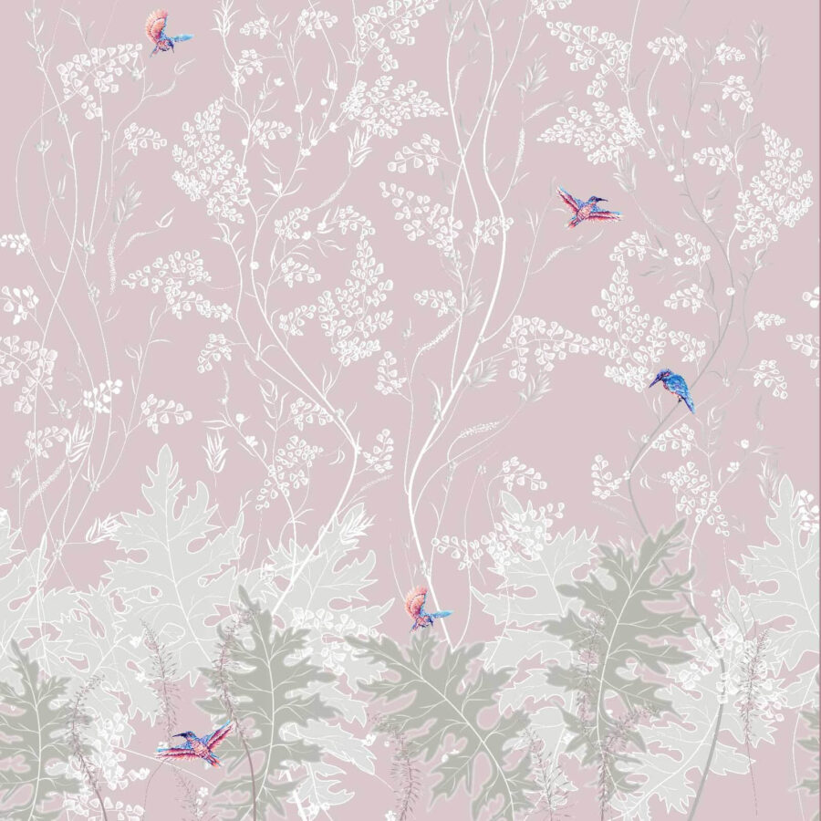 Papel pintado con pájaros y plantas