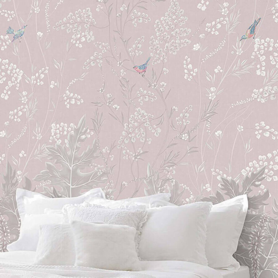 Papel pintado con pájaros y plantas