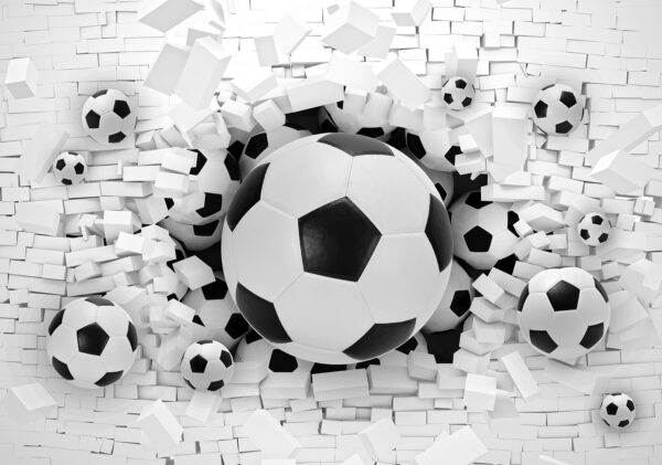 Grupo de balones de fútbol en una pila de ladrillos Grupo de balones de fútbol en una pila de ladrillos