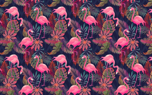 Un estampado de flamencos rosas y hojas Un estampado de flamencos rosas y hojas