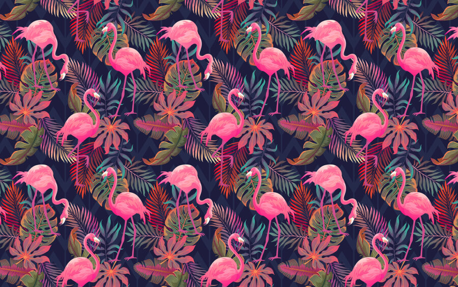 Un estampado de flamencos rosas y hojas Un estampado de flamencos rosas y hojas