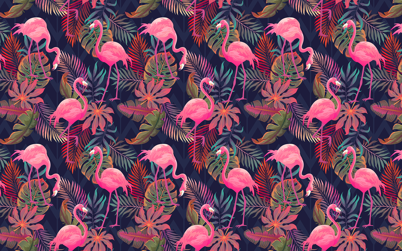A pattern of pink flamingos and leaves