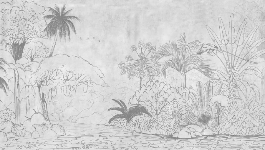 Dibujo de un río con árboles y plantas